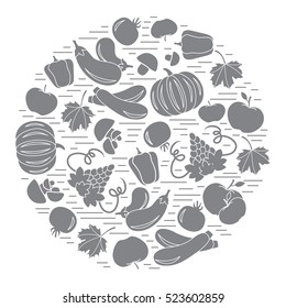 Set of autumn seasonal fruits and vegetables in circle. Tomato, pepper, grapes, zucchini and other fall fruits and vegetables for announcement, advertisement, flyer or banner. 