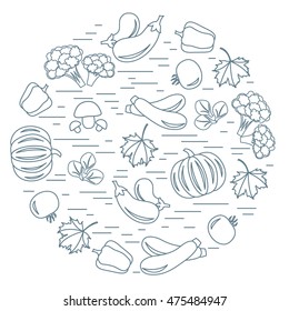 Set of autumn seasonal vegetables in circle. Tomato, pepper, zucchini and other fall vegetables for announcement, advertisement, flyer or banner. Vector illustration.