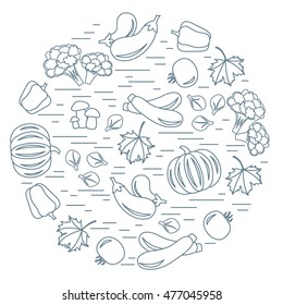 Set of autumn seasonal vegetables in circle. Tomato, pepper, zucchini and other fall vegetables for announcement, advertisement, flyer or banner. Vector illustration.