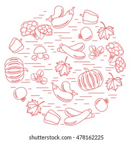 Set of autumn seasonal vegetables in circle. Tomato, pepper, zucchini and other fall vegetables for announcement, advertisement, flyer or banner. Vector illustration.