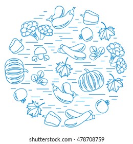 Set of autumn seasonal vegetables in circle. Tomato, pepper, zucchini and other fall vegetables for announcement, advertisement, flyer or banner. Vector illustration.