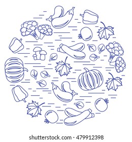 Set of autumn seasonal vegetables in circle. Tomato, pepper, zucchini and other fall vegetables for announcement, advertisement, flyer or banner. Vector illustration.