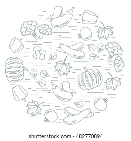 Set of autumn seasonal vegetables in circle. Tomato, pepper, zucchini and other fall vegetables for announcement, advertisement, flyer or banner. Vector illustration.