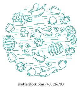 Set of autumn seasonal vegetables in circle. Tomato, pepper, zucchini and other fall vegetables for announcement, advertisement, flyer or banner. Vector illustration.
