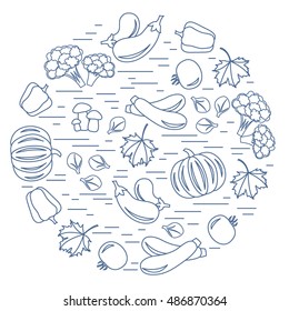 Set of autumn seasonal vegetables in circle. Tomato, pepper, zucchini and other fall vegetables for announcement, advertisement, flyer or banner. Vector illustration.