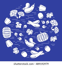 Set of autumn seasonal vegetables in circle. Tomato, pepper, zucchini and other fall vegetables for announcement, advertisement, flyer or banner. Vector illustration.