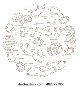 Set of autumn seasonal vegetables in circle. Tomato, pepper, zucchini and other fall vegetables for announcement, advertisement, flyer or banner. Vector illustration.