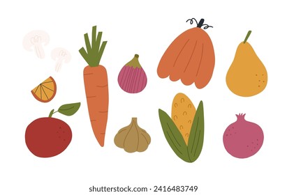 Set of autumn seasonal vegetables and fruits in cartoon flat style, isolated on white background. Fall harvest concept. Seasonal food - pumpkin, corn, apple, pear, carrot and mushrooms.