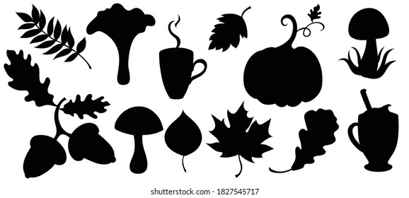 Set of autumn silhouettes with autumn leaves, a pumpkin, mushrooms, an acorn and cozy drinks. Isolated on white. Vector illustration.