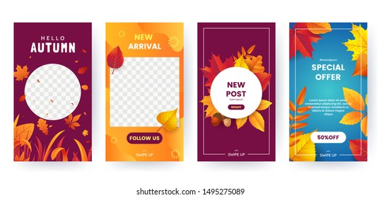 Set of autumn social media stories. Colorful autumn banners with fallen leaves and yellowed foliage. Backgrounds collection. Template for event invitation, product catalog, advertising. Vector eps 10