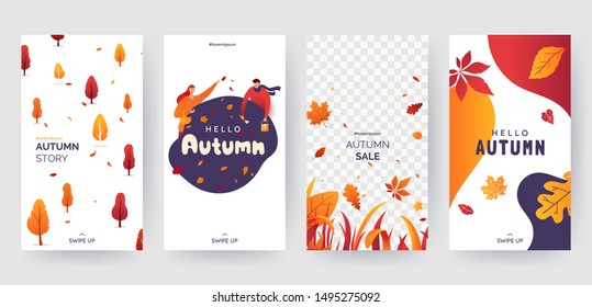 Set of autumn social media stories template. Colorful banners with autumn illustrations. Background collection with place for text. Concept for event invitation, promotion, advertising. Vector eps 10
