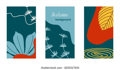 Set of autumn social media stories. Bright vector backgrounds with abstract floral pattern and place for text. Concept design for advertising, promotion, event invitation