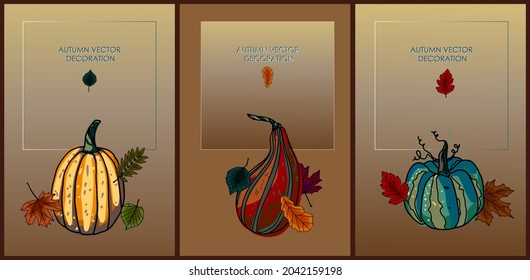Set of autumn social media stories. Colorful banners with autumn illustrations. Background collection with place for text. The concept of invitations to events, promotion, advertising.