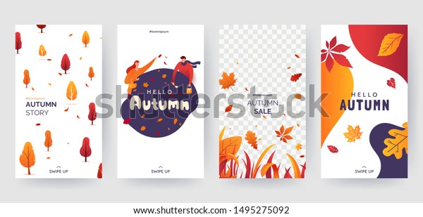 Set of autumn social media stories template. Colorful\
banners with autumn illustrations. Background collection with place\
for text. Concept for event invitation, promotion, advertising.\
Vector eps 10