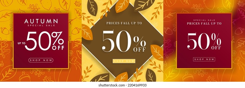Set Autumn Special Sale Artworks  Prices fall up to 50% off and Shop Now button  Colored autumn backgrounds  hand  drawn patterns  canopy leaves    liquid gradient  Editable Vector Templates 