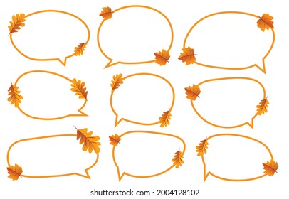 Establezca burbujas de habla de otoño en fondo blanco. cuadro de chat o mensaje de doodle vectorial de chat con hojas o icono de comunicación Nube hablando por historietas y diálogo de mensajes