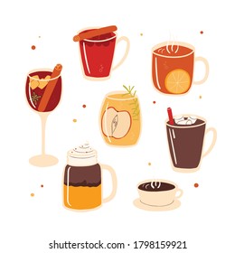 Set of autumn spice hot drinks. Hand drawn collection. Vector flat cartoon illustration