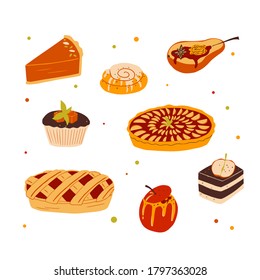 Set of autumn spice pumpkin, apple and other fruit desserts. Hand drawn collection. Vector flat cartoon illustration