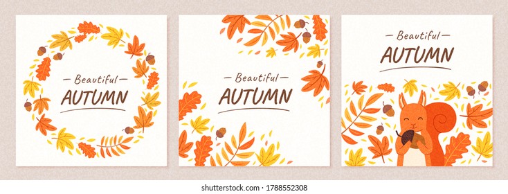 Set of autumn square banner with beautiful foliage layout, applicable to sale and event promotion