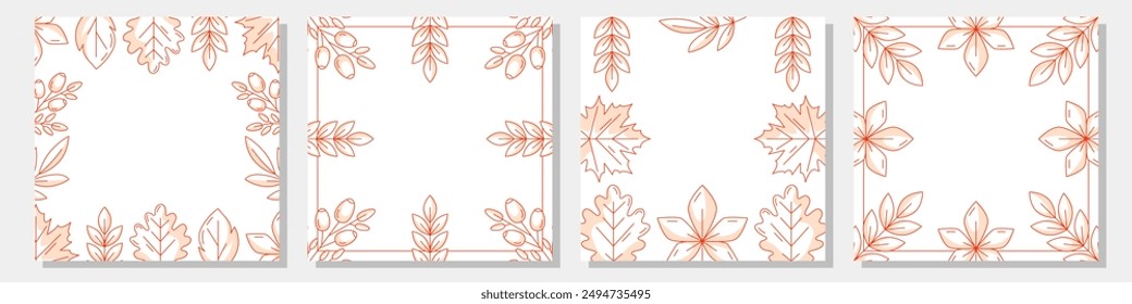 Conjunto de tarjetas cuadradas de otoño, postal de otoño con arce, roble, castaño, rowán, hojas de álamo, marco de borde de rosa mosqueta. Fondo aislado, espacio para texto. Colección para el Anuncio, afiche, medios sociales
