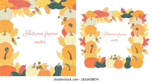 Set with Autumn square frames with pumpkins, acorns and colorful leaves. Hand drawn vector illustration isolated on white background. Crop or harvest theme.  Warm honey colors. Flat style with lines.