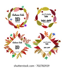 a set of autumn square and round wreath or frame backgrounds with pencil drawn leaves, twigs,floral and herbal elements; trendy cartoon illustration style; fall discount; 25%, 30%, 50%, 70% off