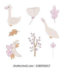 Set of autumn sticker vector illustrations in cartoon style, goose, flower, leaf, moon, tree for child fabric, textile, nursery, wallpaper