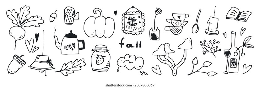 set of Autumn stickers, clip art, doodles, elements for prints, scrapbooking, planners, cards, posters, home decor etc. Childish naive art style. Hand drawn vector illustrations.