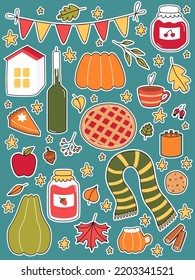 Set autumn stickers. Cozy warm fall. Cute cottagecore symbols.