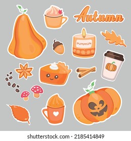 Set of autumn stickers. Cute season pictures: pumpkin, pumpkin pie, latte, candle, leaves, cinnamon, anise, coffee, mushrooms, acorn. Pictogram for banner, cover, print, promotion, sale, greeting, web