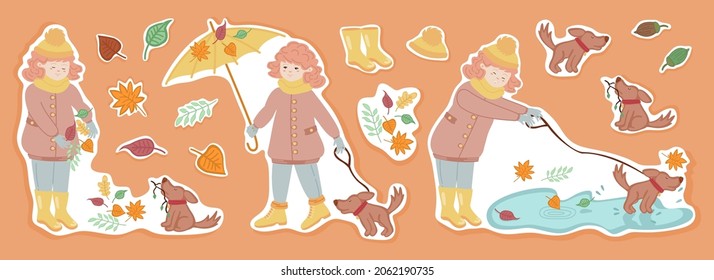 Set of autumn stickers with a girl playing with a dog in the street. The girl walks with the dog, collects autumn leaves, runs through the puddles. Autumn elements vector illustration.