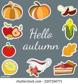 Set of autumn stickers with harvest and sweet pie. Social network stickers.Vector illustrations for online communication.