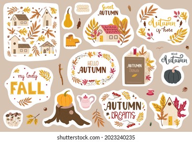 Set of autumn stickers with lettering and illustrations. Cute doodle style. Pretty autumn mood drawings. A4 proportions.