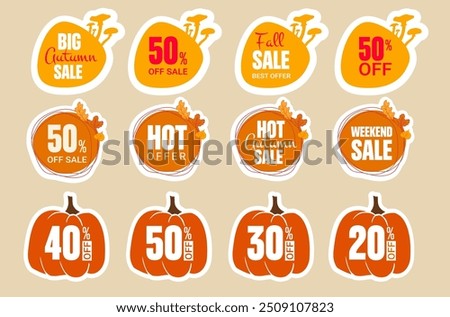 Set of autumn stickers with pumpkin, mushrooms, fall leaves. Elements for 50%, 40%, 30%, 20% discount tags, promotion stickers, lables, flyer, banner, button and poster design. 