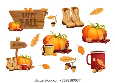 Set autumn stickers with pumpkin warm scarf, cup with hot beverage decorated with acorn and leaves, boots, wooden signboard, autumn harvest in cartoon style isolated on white background. 