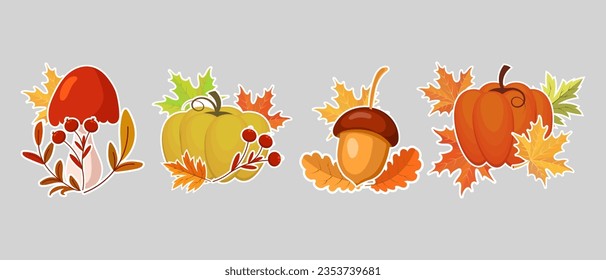Set of autumn stickers, pumpkins, acorns, mushrooms and autumn leaves and rowan. Illustration, icons, template, vector	
