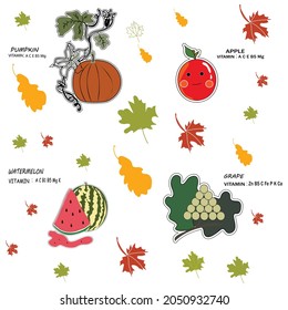 set of autumn stickers vitamins :pumpkin, watermelon, grape, apple. B3 C E B9 A C Mg Fe P Ca.