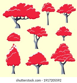 Set of autumn stylized flat trees. Spring trees vector collection with pink blossom sakura, trunks, crown. Vector nature silhouette illustration EPS10