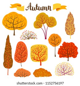 Set of autumn stylized trees. Landscape seasonal illustration.