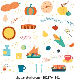 Set of autumn symbols. Vector elements of  thanksgiving day, hello autumn, happy fall season on white background. Seasonal flat clip art 