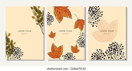 Set of autumn template. Cover, poster, placard, banner with watercolor leaves, branches, black berries, maple on beige background