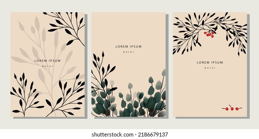 Set of autumn template. Cover, poster, placard, banner with watercolor leaves, branches silhouette, berries on beige background