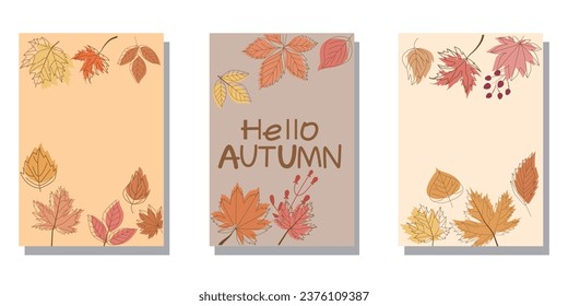 Set of Autumn template. Decorative Autumnal leaflet template collection. Seasonal greeting card. Vector illustration.