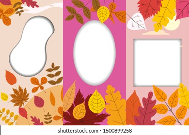 Set autumn templates backgrounds of autumn fallen leaves orange yellow foliage. Social media stories banners. Template for event invitation, product catalog, advertising. Vector isoalted trendy flat