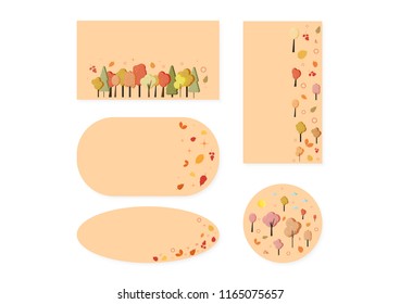 Set of Autumn templates. Blanks with leaves and trees decoration. Backgrounds for season design. Vector illustration.