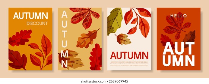 Set of autumn templates with bright autumn leaves. Design for autumn discounts, advertising, postcards or web banner. Vector.