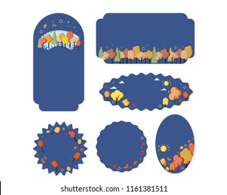Set of autumn templates.  Dark backgrounds with leaves and trees decoration. Elements for season design. Vector illustration.