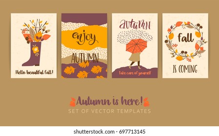 Set of autumn templates. Vector design for card, poster, flyer, web and other users. Trendy hand drawn textures.