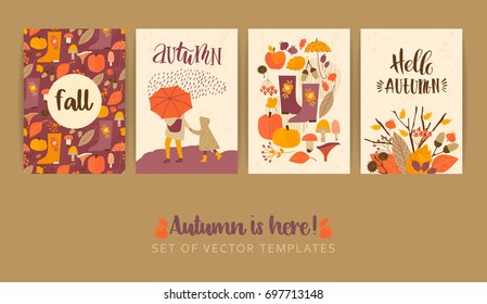 Set of autumn templates. Vector design for card, poster, flyer, web and other users. Trendy hand drawn textures.