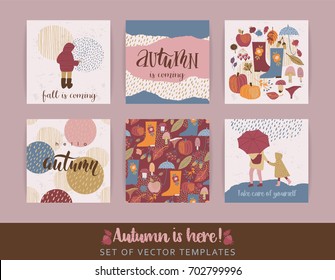 Set of autumn templates. Vector design for card, poster, flyer, web and other users. Trendy hand drawn textures.